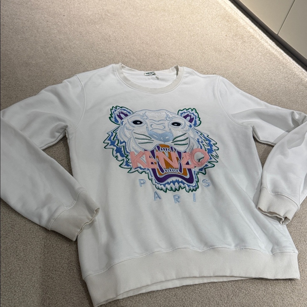 Kenzo White Crewneck with Multicolor Tiger Motif woman shirt top sweater